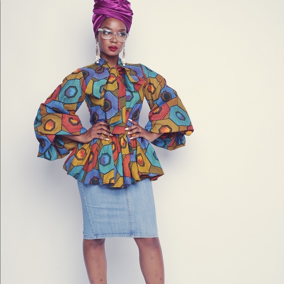 Multi-Color Handmade Bold Print Tie Neck Peplum - Picture 2 of 4